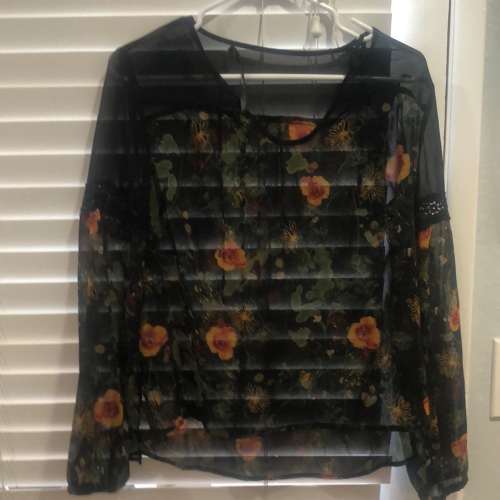 Kenzie blouse. Sheer black and floral with embroidery on arms